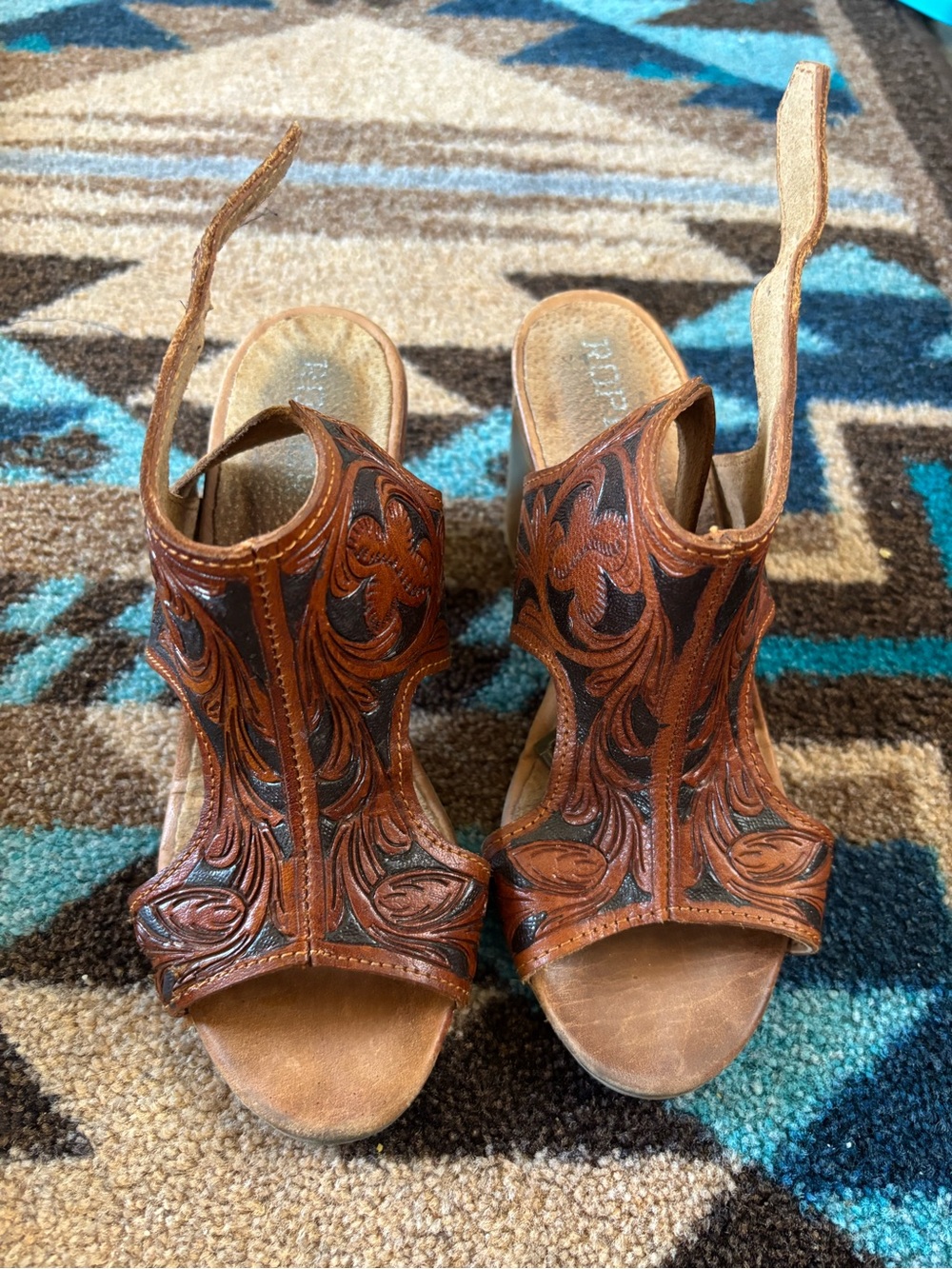 Women's Brown Tooled Leather Open-Toe Mules